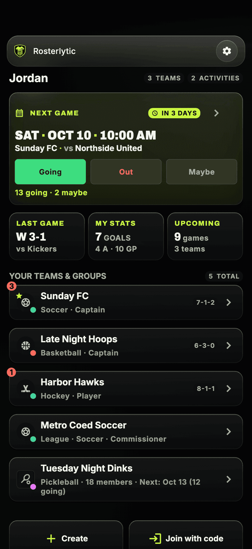 Rosterlytic Home with the next game, RSVP buttons, last result, your stats and your teams