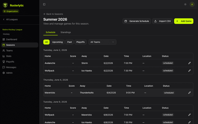 Season schedule management