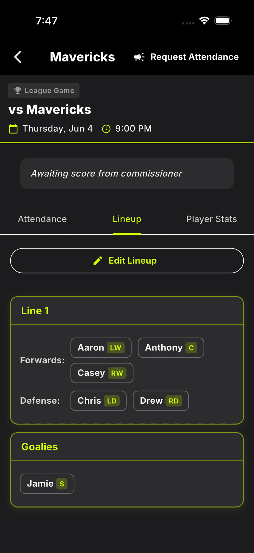 Lineups feature screenshot