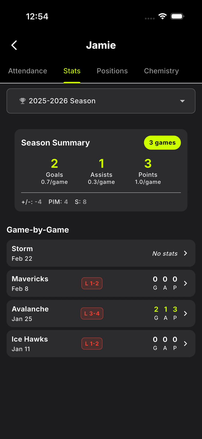 Player view showing personal stats and upcoming games