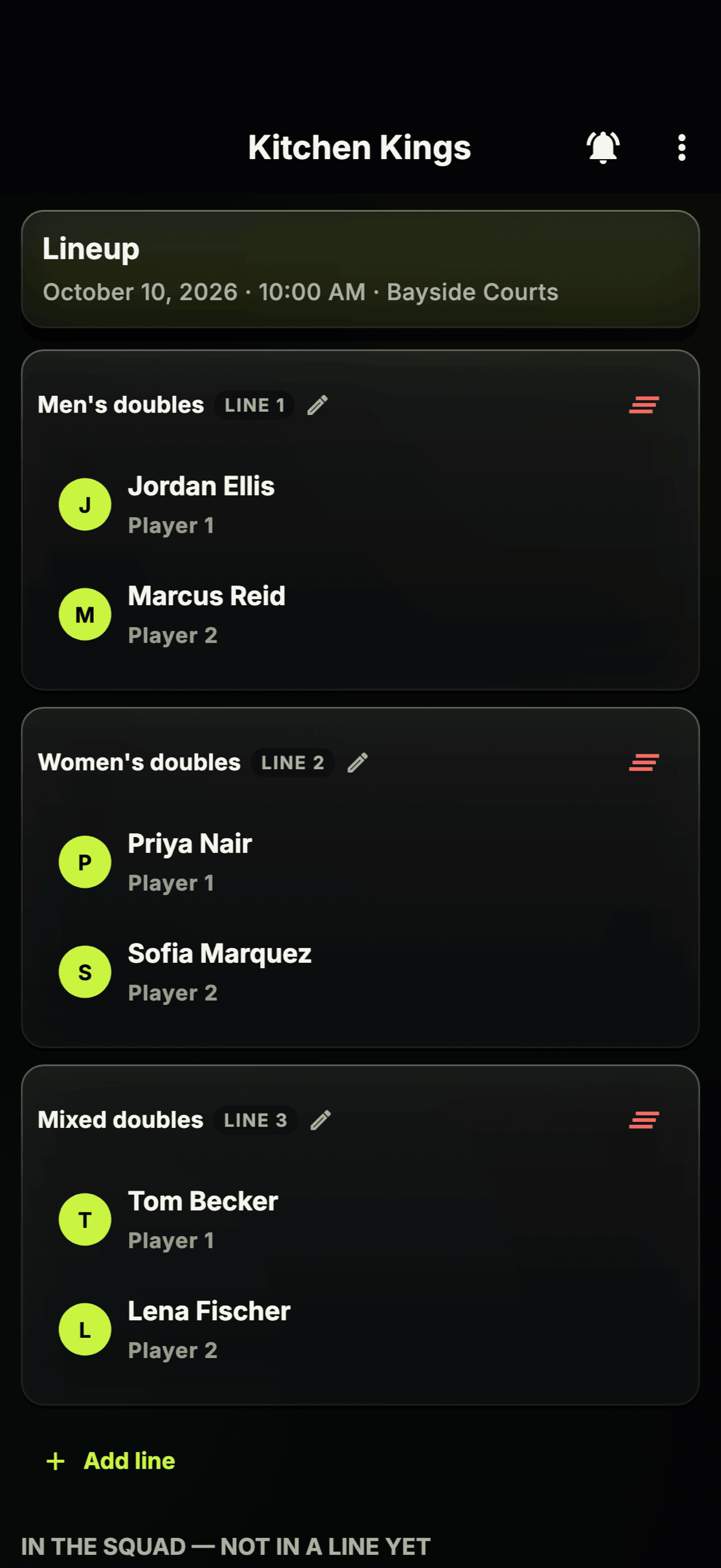 Doubles lineup for a pickleball team: Men's, Women's and Mixed doubles lines, each with Player 1 and Player 2