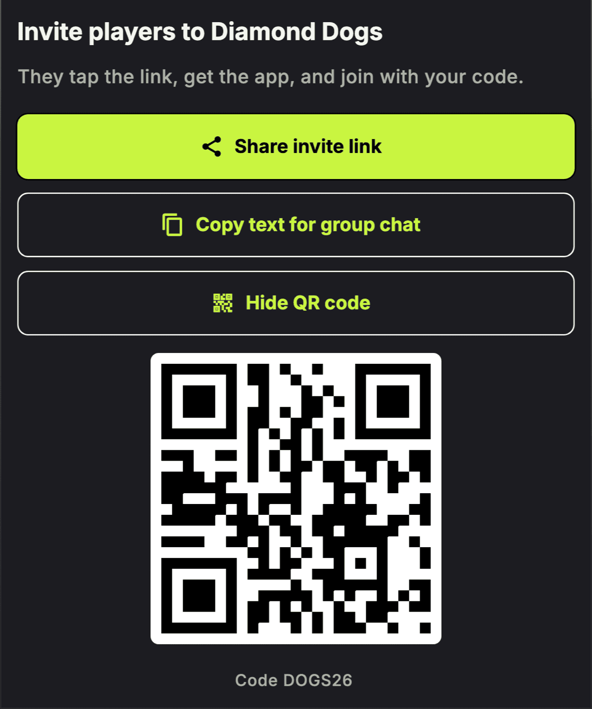 The invite sheet: share invite link, copy text for group chat, and a QR code