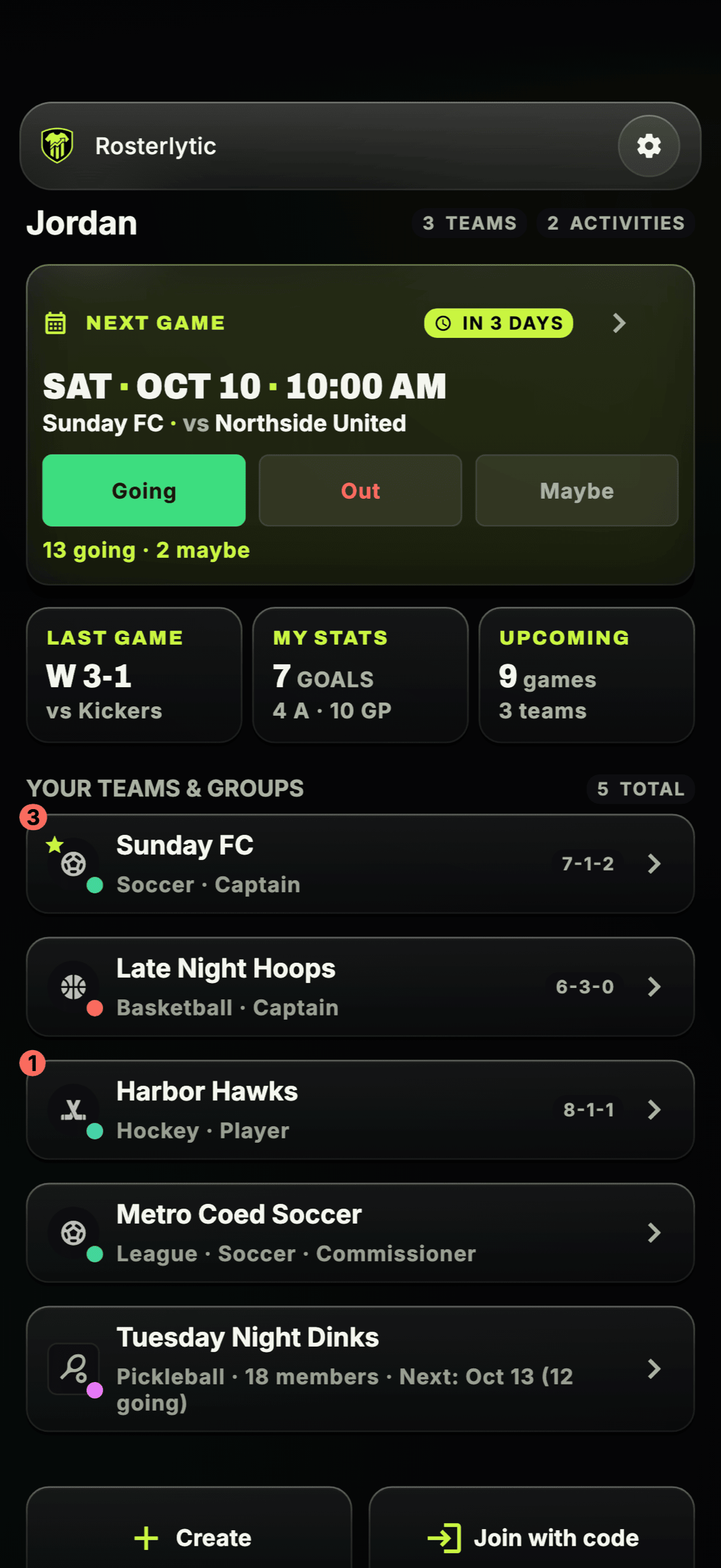 Rosterlytic 2.5 Home: the next game with RSVP buttons, Last game, My stats and Upcoming tiles, and your teams